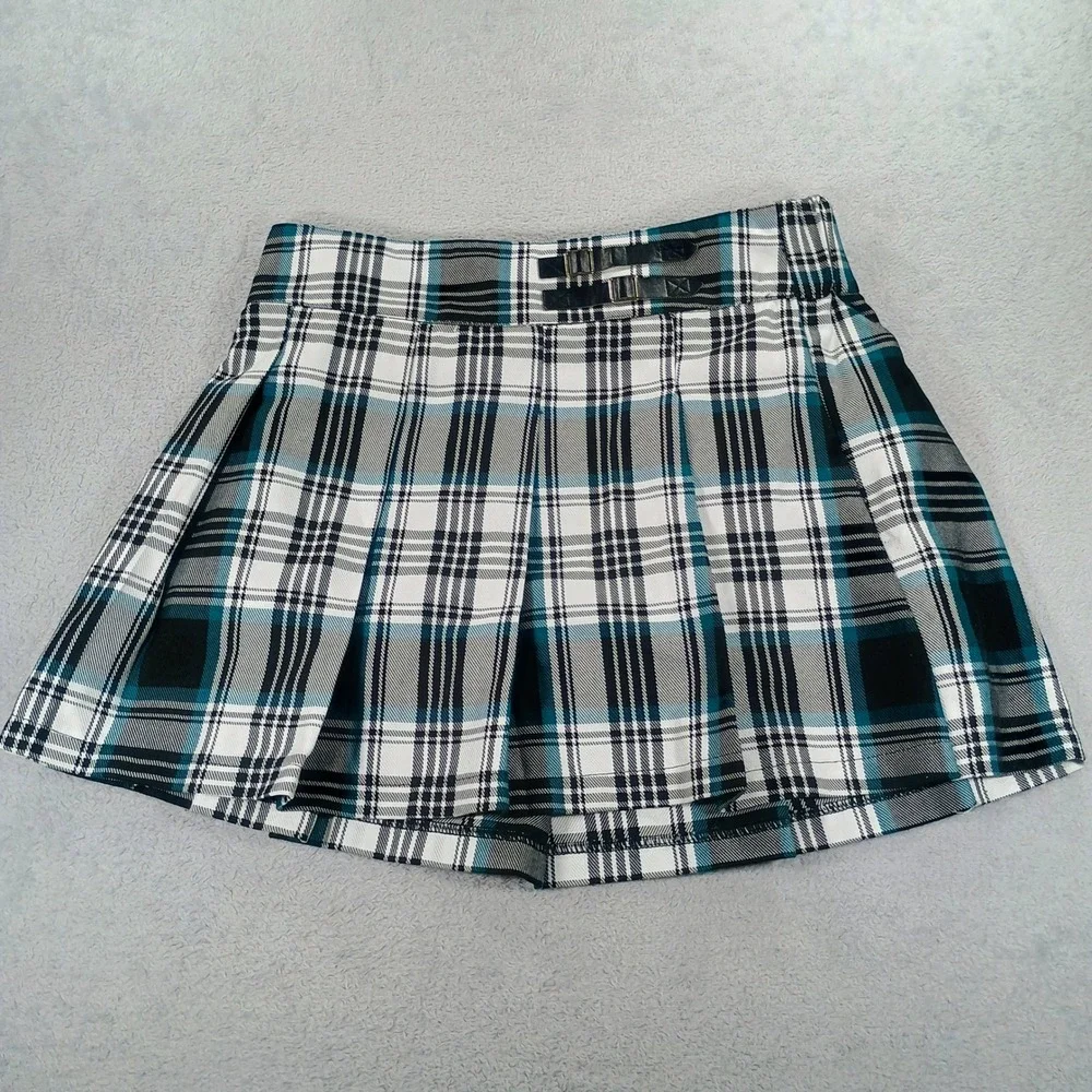 Justice Girls Plaid Pleated‎ Skort Teal Black Size XL 16/18 Built-in Shorts
